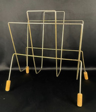 Vintage MCM Metal Wire Magazine Record Rack with Wooden Feet