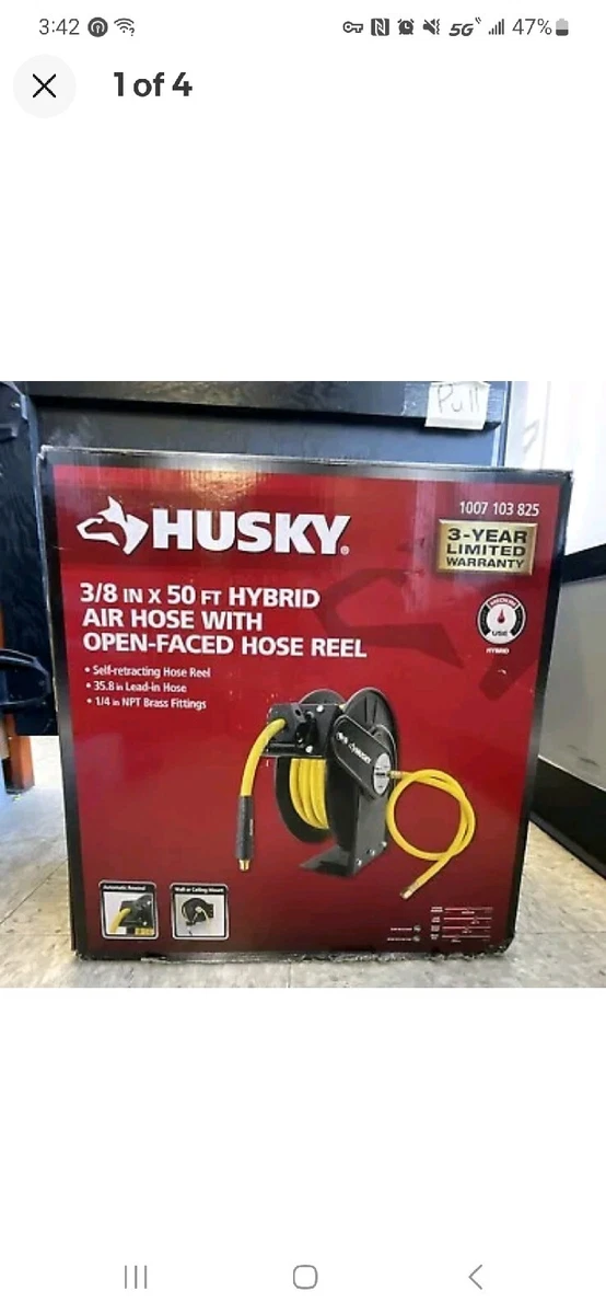 Husky 3/8 in. x 50 ft. Hybrid Air Hose With Open Faced Hose Reel