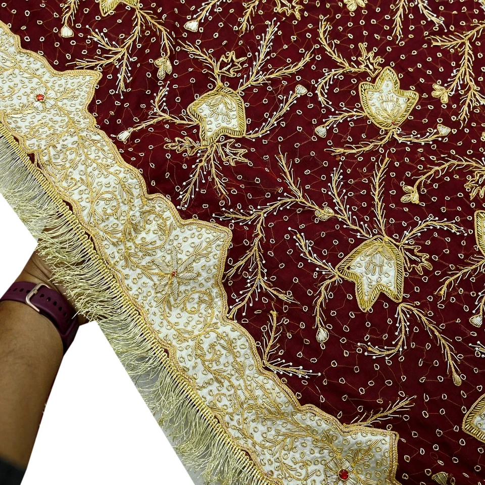 Vintage Heavy Bridal Dupatta Pure Chiffon Silk Long Stole Hand Embroidered Veil - Image 4 of 4