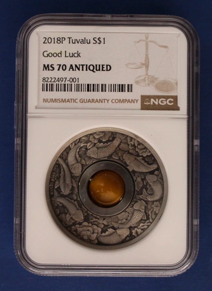 2018 Tuvalu 1oz Silver $1 coin "Good Luck" NGC Graded MS70 Antiqued with COA - Image 1 of 4