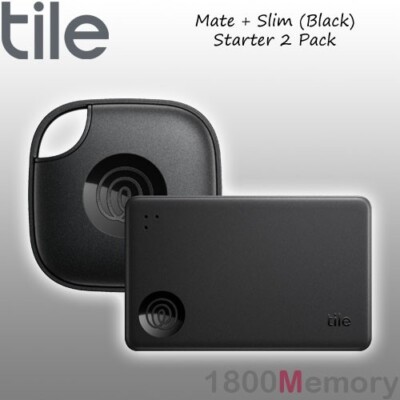 GENUINE Tile Mate + Slim  Bluetooth Tracker Starter 2 Pack with Battery Black