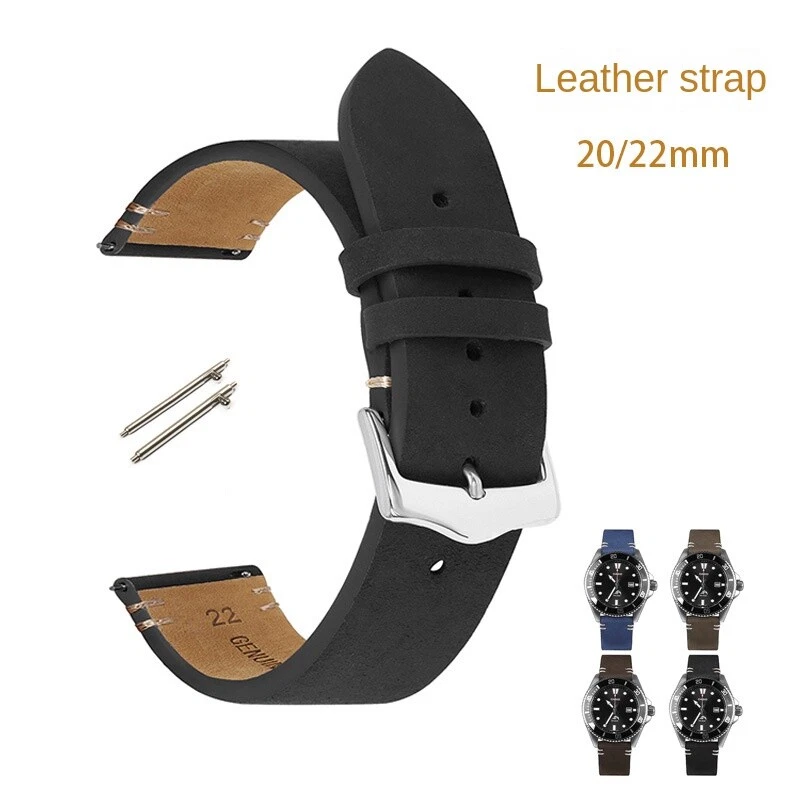 High Quality Soft Brushed Genuine Leather Watch Band Straps Mens 20/22 Universal