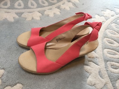 NEW Coldwater Creek Coral Pink Peep Toe Canvas Jute Wedge Sandals 9 RR4NR