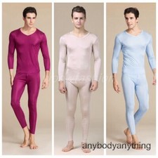 Men Mulberry Silk Thermal Long Johns Pajamas Underwear Baselayer Top Bottom Set