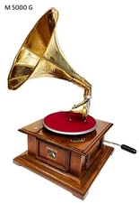 Replica Gramophone Player 78rpm phonograph Brass Horn Vintage Wind Up Light Wood