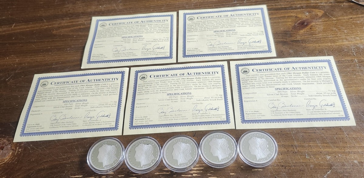 5) LOT 1964 COOK ISLANDS .999 SILVER CLAD BRONZE MORGAN COPY 2017