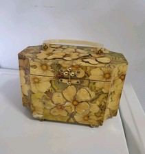 Vtg Wooden Floral Decoupage Box Purse Sewing Purse 1960s Retro Lucite Handle