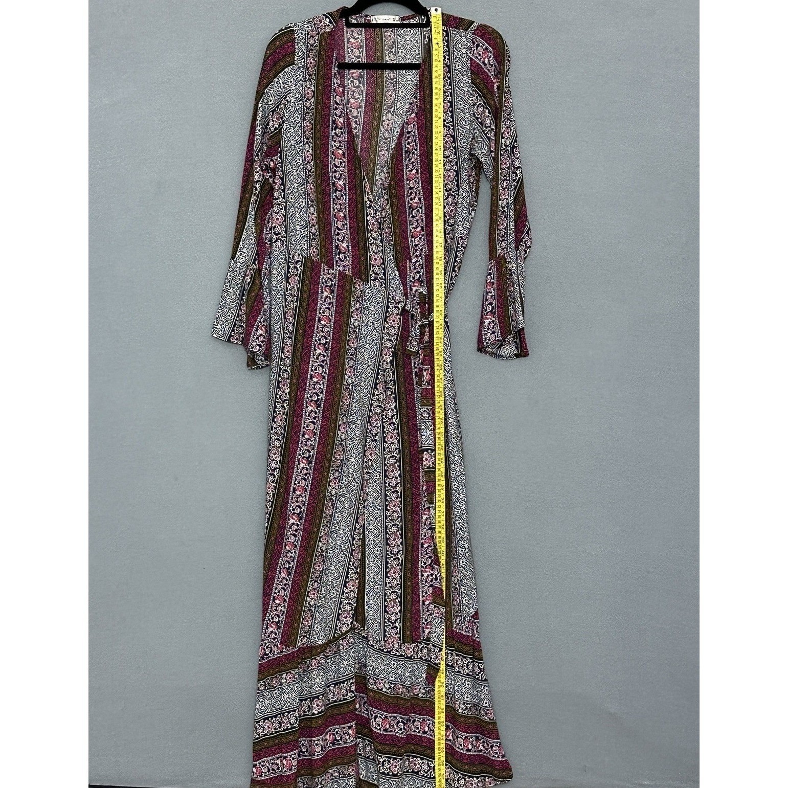 R Vivimos Womens Dress L Pink Green Stripe Wrap Ruffle Maxi Retro Peasant Boho