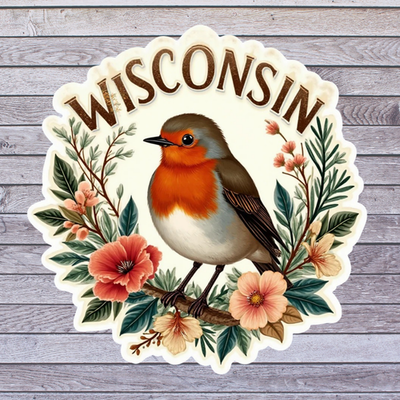 #ad Wisconsin state bird sticker american robin floral botanical wreath art $2.97