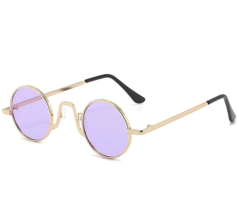Gafas de sol retro redondas con lentes púrpuras - Marco de metal dorado vintage Hippie Festival UV Foto 2 de 3