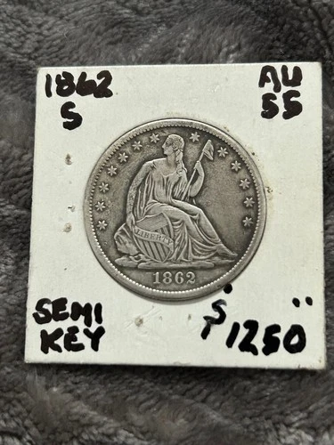 Semi-KEY, AU+ 1862-S Seated Liberty Half Dollar. Unique eye appeal.