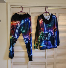 2-Piece Multicolor Graphic Hoodie Jogger Pants Tracksuit Pockets Size M