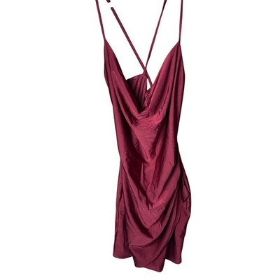 Windsor Mini Dress Womens Large Burgundy Ruched Cowl Neck Cross Back GD14829