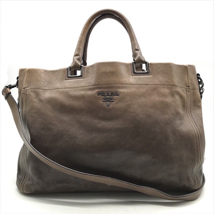 RARE PRADA All Leather 2-Way Hand Shoulder Bag Brown Gradient Logo A6