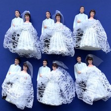 Lot of 6 Vintage Wedding Cake Toppers Bride Groom Plastic Lace NOS