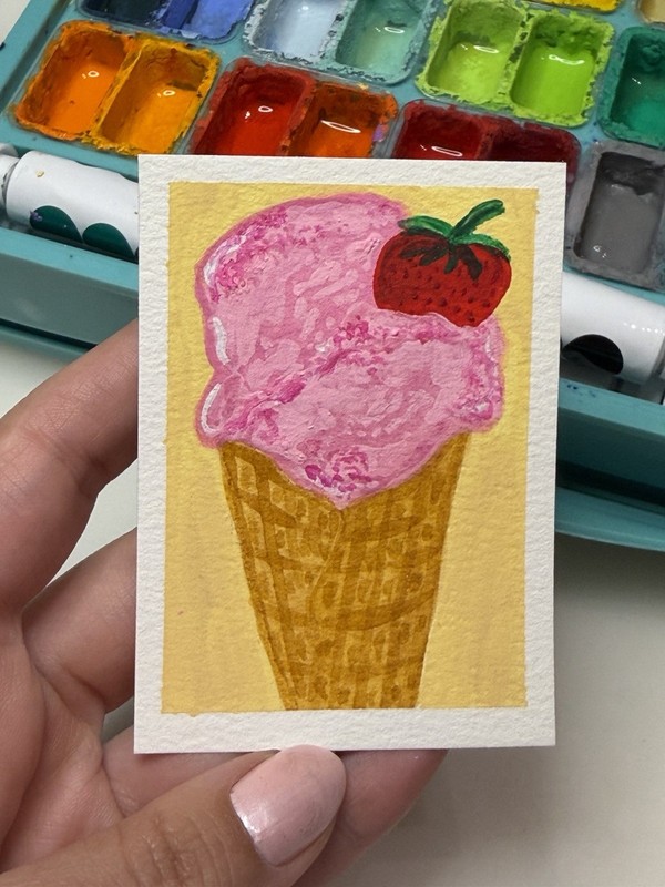ACEO Original Mixed Media Painting 2.5x3.5in/ Ice Cream/ Mini Art