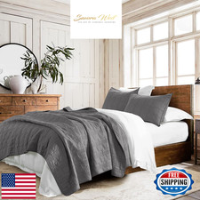 HORIMOTE HOME Queen Cotton Quilt Set - Dark Grey, Pre-Washed, 3-Piece Geometric