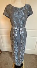 Adrianna Papell Blue Gray Special Occasion Lace Gown Dress w Satin Bow Belt 10