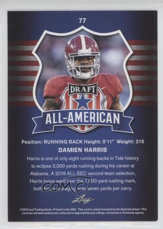 2019 Leaf Draft All-American Damien Harris #77 Rookie RC - Image 2 of 2