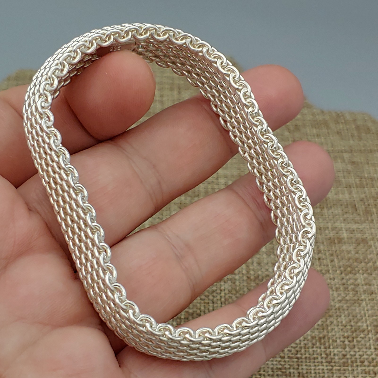 Tiffany & Co. Somerset 925 Sterling Silver Mesh Bangle Bracelet 7.5" 15mm 58.6g
