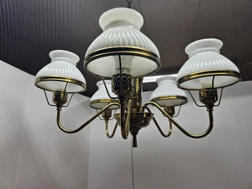 Antique Brass Chandelier Milk Glass Shades Hollywood Regency 5 Arm Hanging Lamp