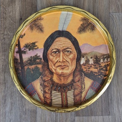 Vintage Native American Portrait Tin Serving Tray 11'' Round Retro Decor