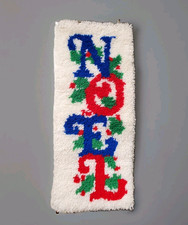 Vintage Christmas Latch Hook Rug Wall Hanging White NOEL Bells Completed 29x13