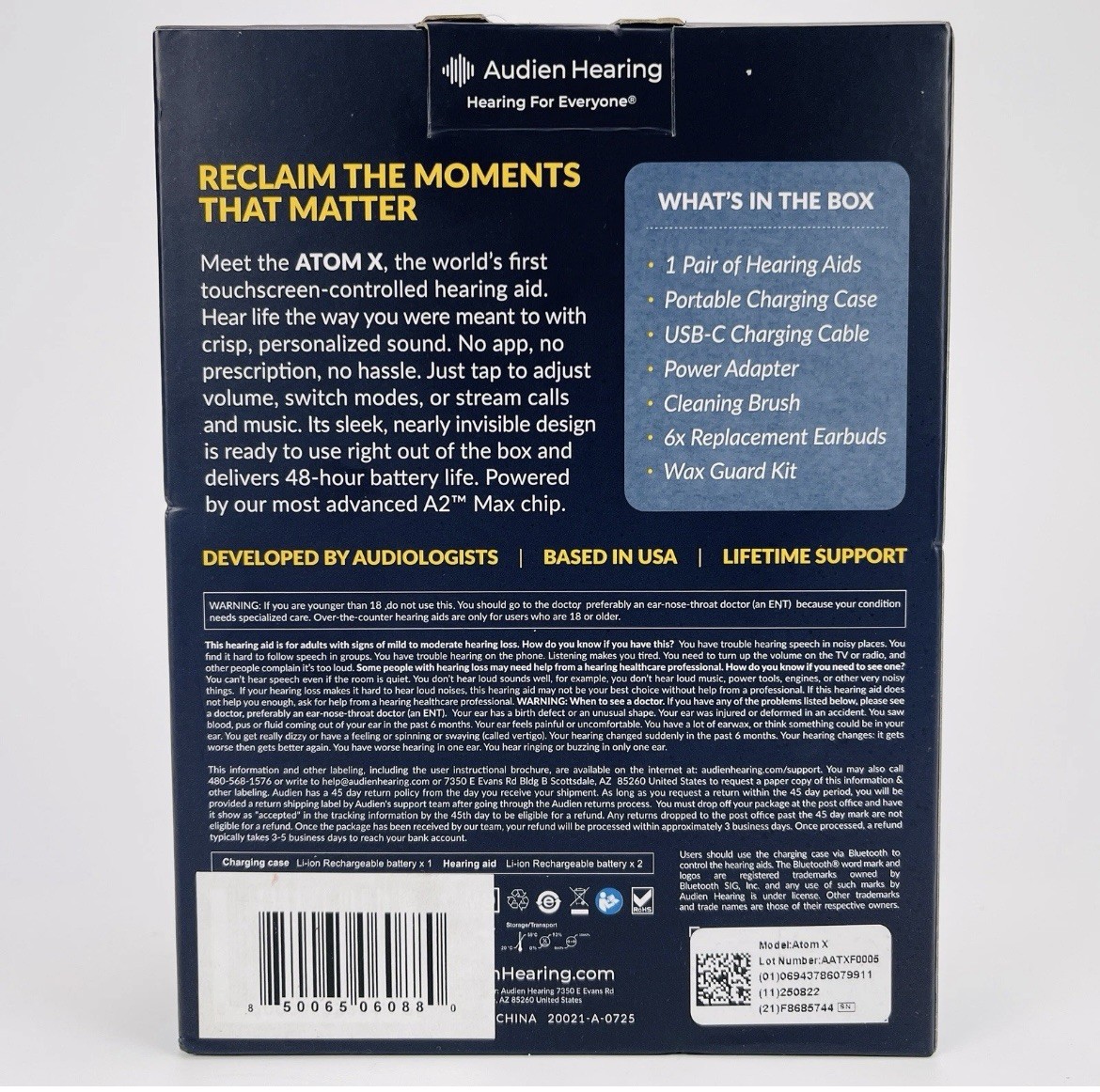 Audien Hearing Atom X Rechargeable OTC Touchscreen Bluetooth Hearing Aids New!