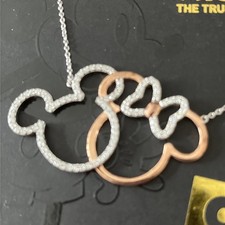 Disney Silver Rose Plate 90th INTERLOCKING MINNIE MICKEY MOUSE 18" Necklace W/cz