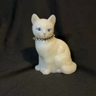 Fenton White Iridescent  Calendar Cat with Rhinestone Collar Signed T. Gaskins