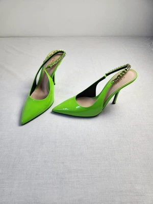 Escarpins slingback Gucci Signoria verni vert néon chaîne dorée taille 38 - Photo 1/4