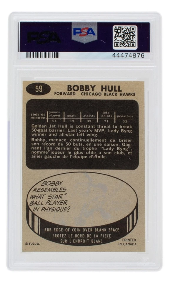 Tarjeta de hockey Bobby Hull 1965 Topps #59 Chicago Black Hawks PSA como nueva 9 OC Foto 2 de 2