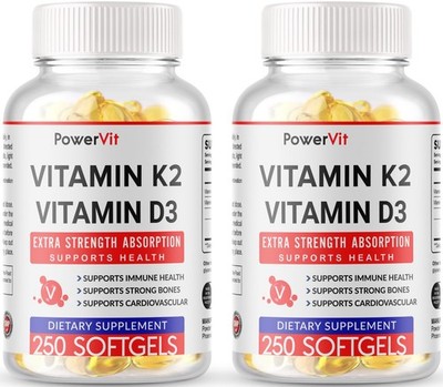 Vitamin K2 (100mcg)  Vitamin D3 (5000 IU)  500 Softgels - Gluten Free USA MADE