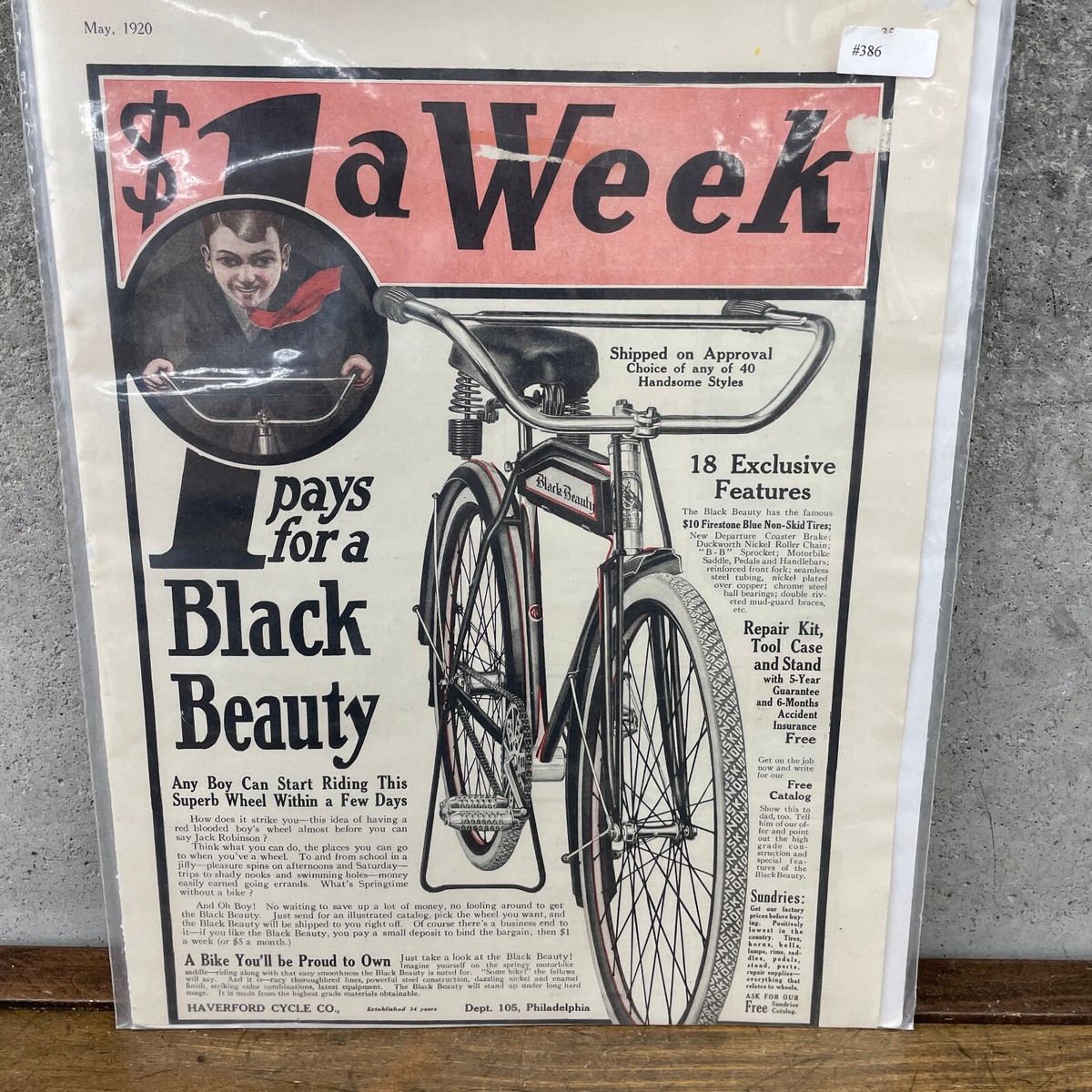 Vintage 1920 Haverford Cycle Black Beauty Bicycle Advertisement