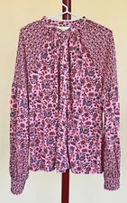 Boden Pink Multi Floral Border Print Long Sleeve Boho Cotton Blend Blouse Top 12