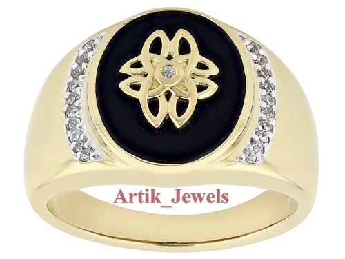 Natural Ónice Negro & Cz Con 14K Anillo Plata Chapado en Oro para Hombres #715 - Imagen 7 de 12