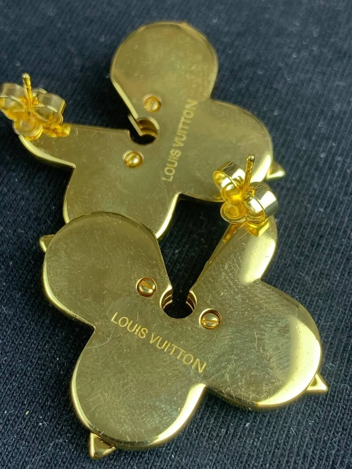 Louis Vuitton Gold LV Logo Flower Shaped Drop Earrings - Image 3 of 4