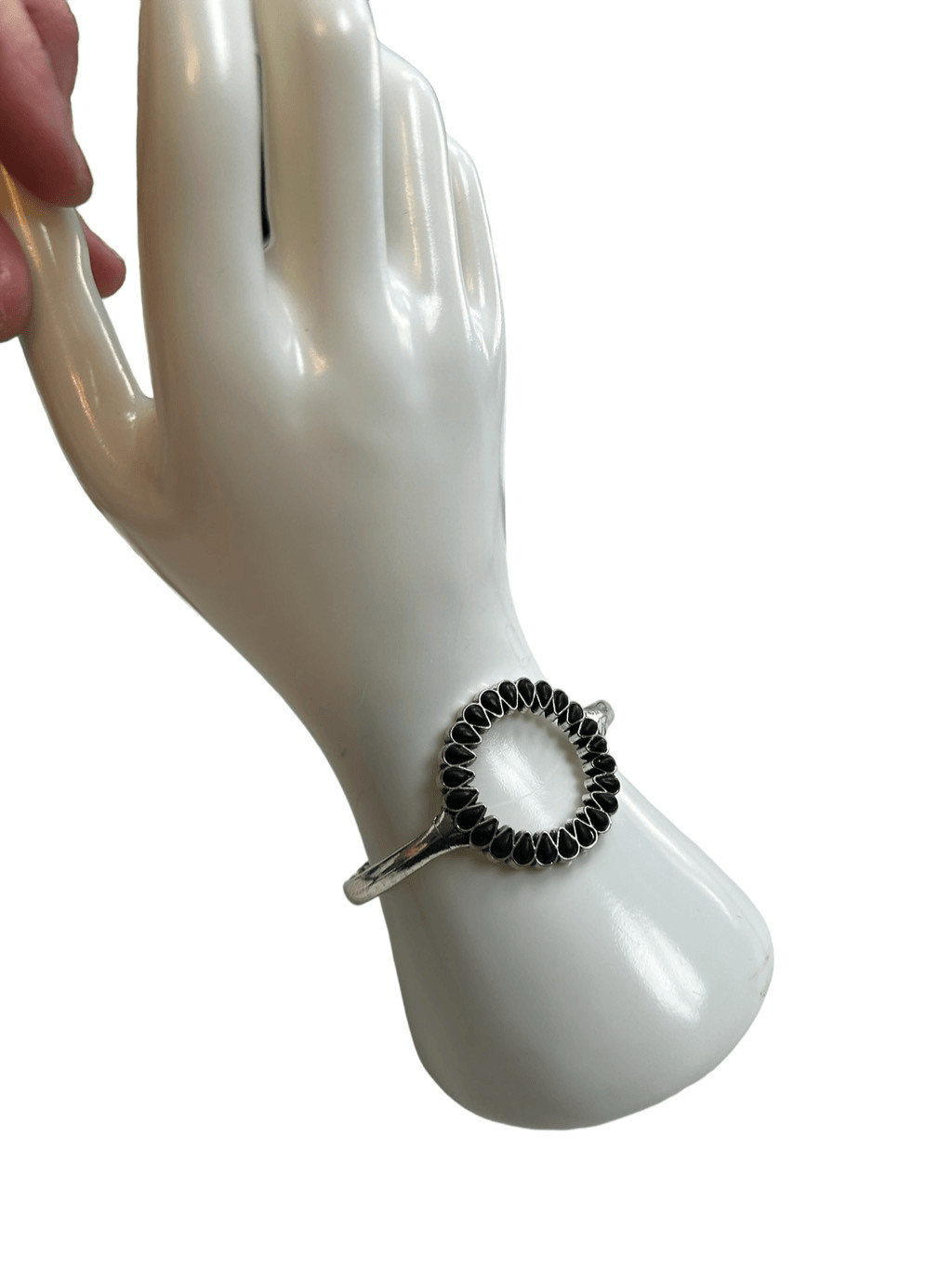 Silver and black open circle patterned cuff brace… - image 4