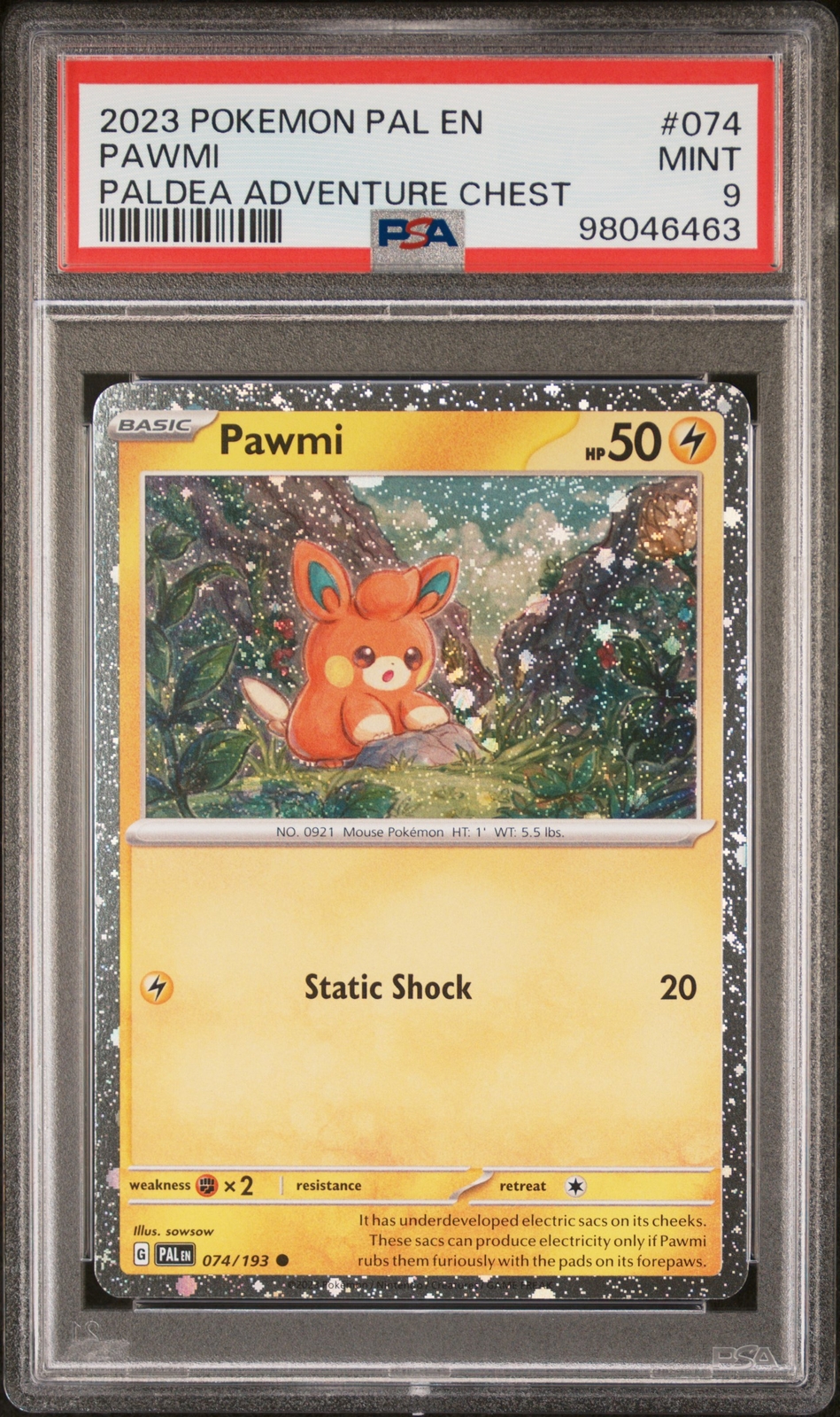 2023 POKEMON PALDEA EVOLVED PAL EN #74 PAWMI ADVENTURE CHEST PSA 9 POP 26!