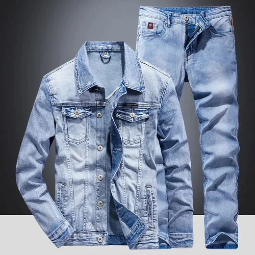 Denim Suit Men's Slim Two-piece Spring Autumn Jacket Jeans Coat Pants Suits Set - Afbeelding 25 van 26