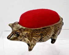 Older Brass Pig Piggy Shaped Pincushion Red Velvet Cushion 3 1/4 x 1 1/4 x 1 3/4