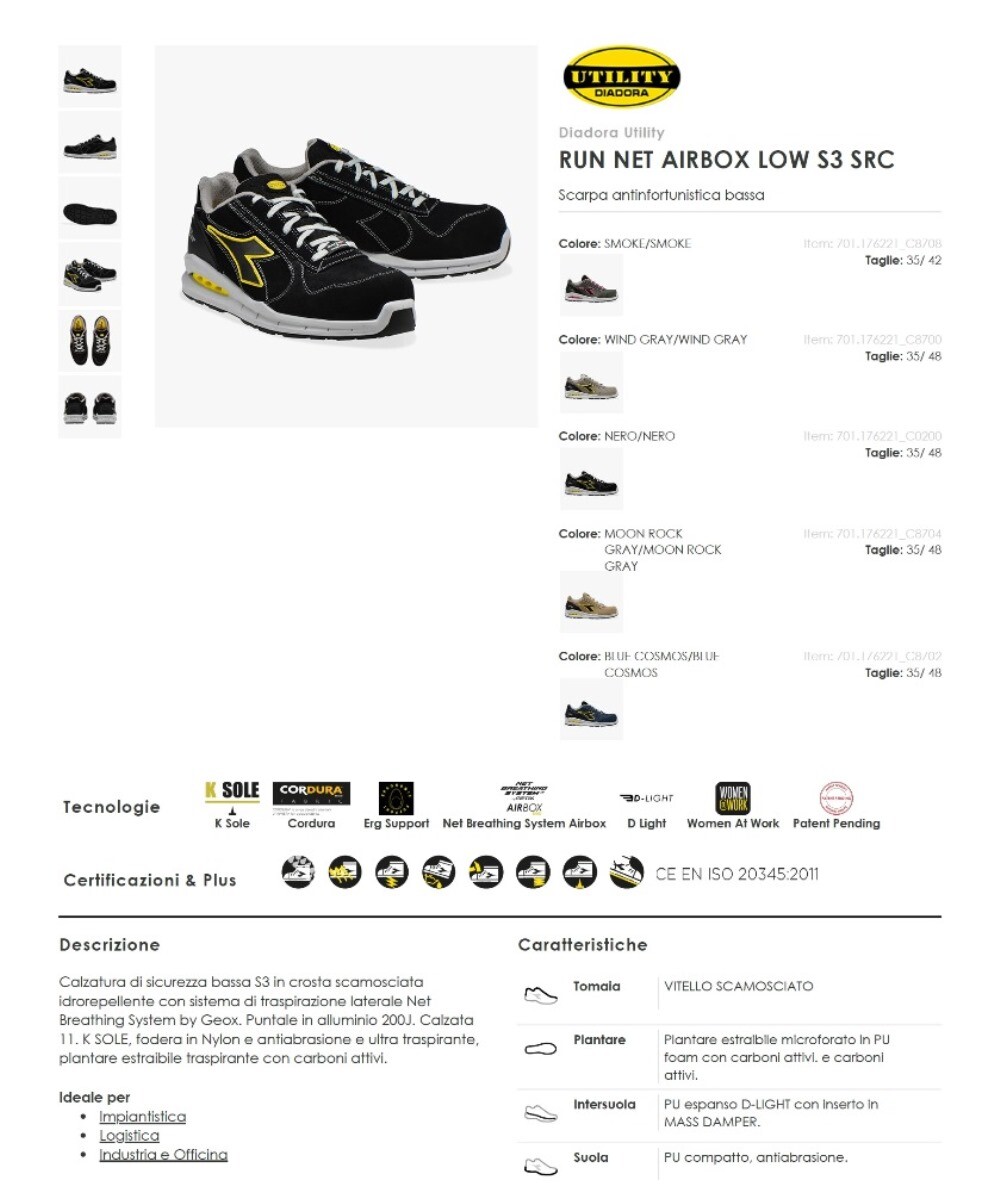 SCARPA ANTINFORTUNISTICA DIADORA RUN NET AIRBOX LOW S3 SRC