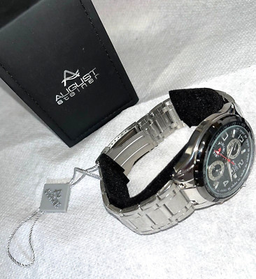 NEW August Steiner AS8127SSB Men's Swiss Month Date GMT Black Dial Silver Watch