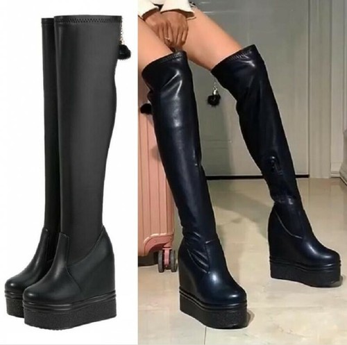 Womens Stretch Long Leg Boots Wedge 