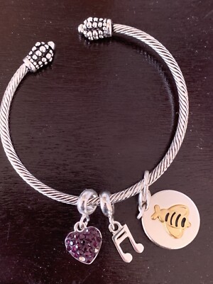 DaVinci Rhinestone Heart Music Note Bee True To Self Charm Cuff Bracelet