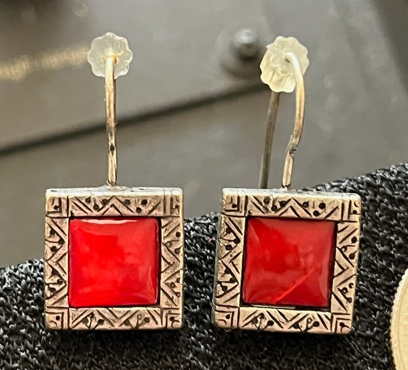 Vintage Chico's Fiery Red Enamel and Silver Dangle Earrings