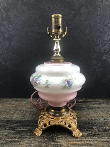 Antique Floral Hand Painted Milk Glass & Brass Accent Table Lamp Light Vintage