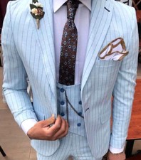 DESIGNER BUSINESS SKY BLUE PINSTRIPE MEN'S SUIT SPORT COAT WAISTCOAT FITTED SLIM