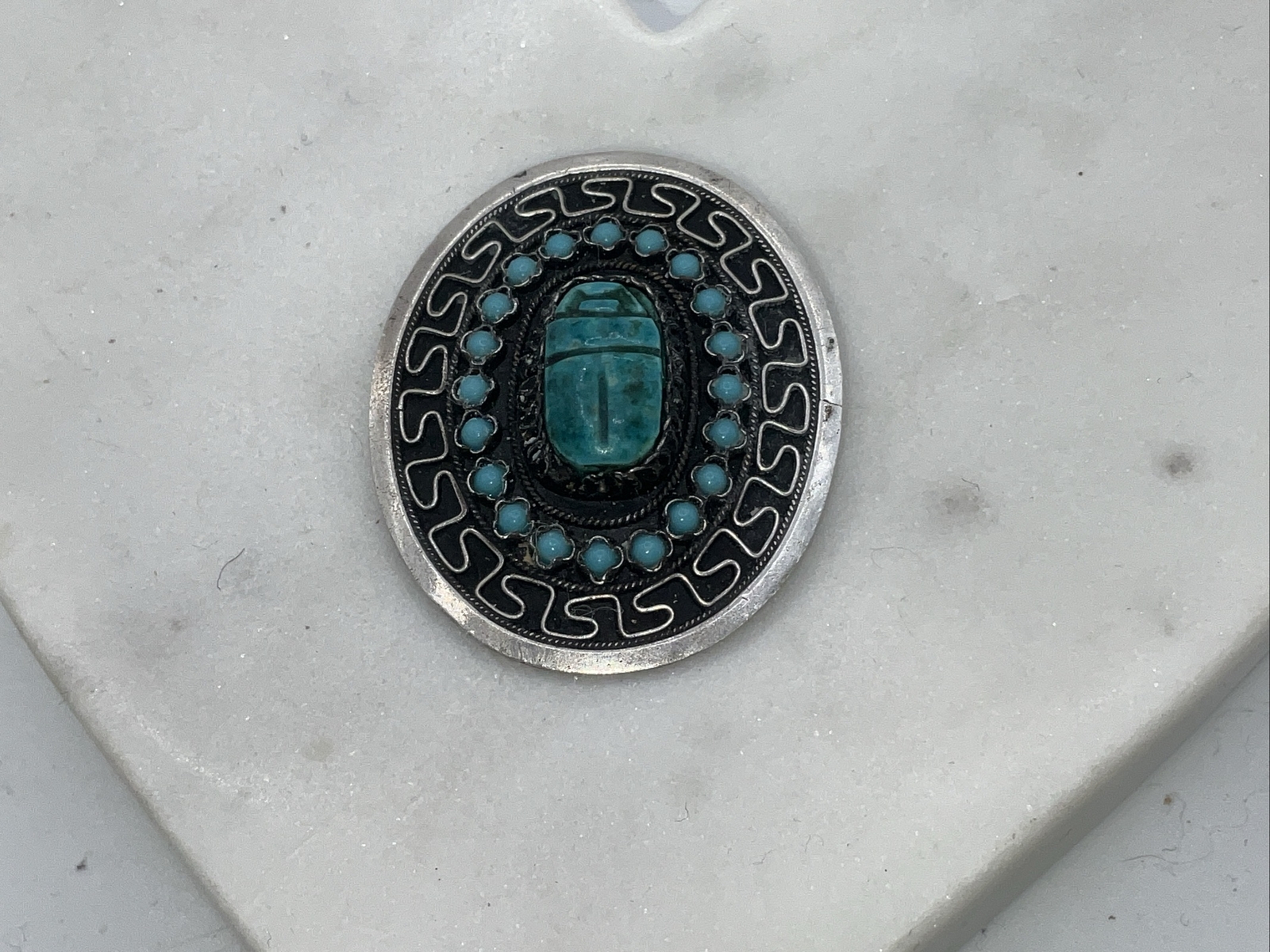 Antique Solid Silver Turquoise Scarab Pendant / B… - image 1