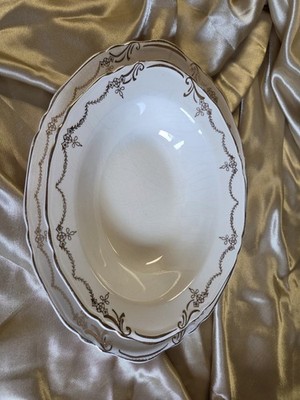Crown K-22 Ceramic Oval Platter Floral Gold Trim White 13 x 9.5 in